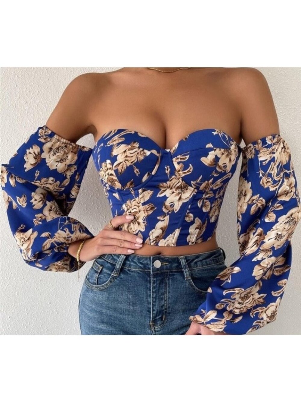 Womens M Top Off Shoulder Floral Lantern Sleeve Top Corset Top Blue Regency.  F